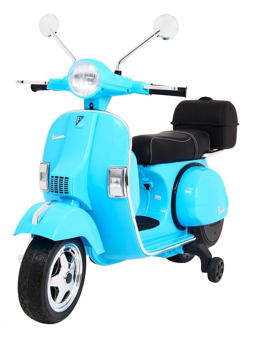 Levně Dětská elektrická koloběžka VESPA, modrá s pomocnými kolečky a audio