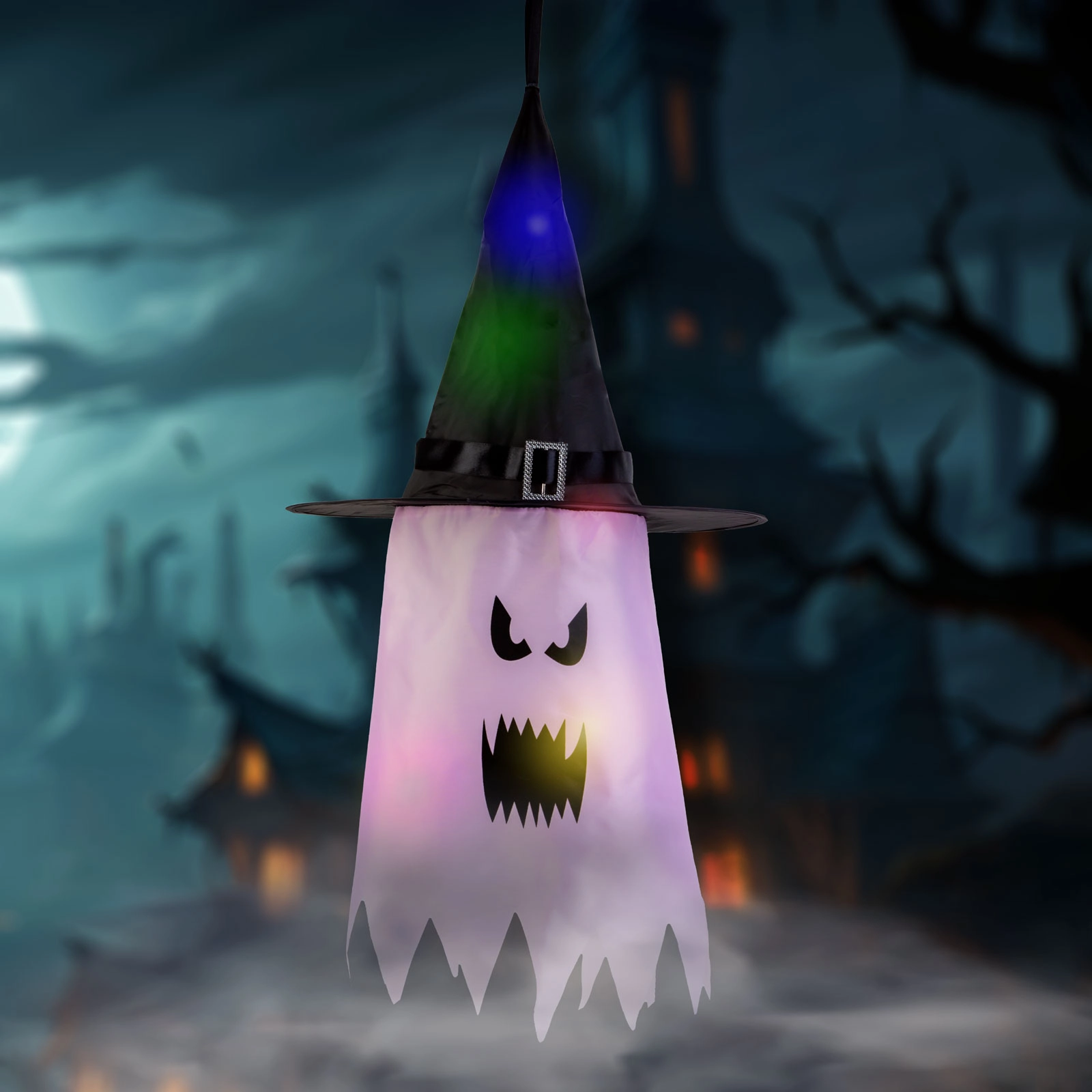 Halloweenská závěsná LED dekorace duch růžová