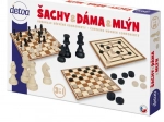 Detoa 3v1 šachy, dáma a mlýn – dřevěná rodinná sada