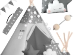 Dětské teepee NUKIDO se světýlky a girlandou – šedé s hvězdičkami