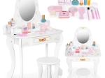 Dřevěný dětský toaletní stolek s zrcadlem a růžovými doplňky ECOTOYS