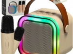 Karaoke set s bluetooth reproduktorem, 2 mikrofony a LED podsvícením 6 W – béžový