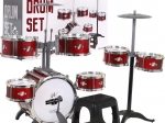 Červená dětská bicí souprava 6 bubnů se stoličkou, 2 talíři a paličkami