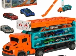Nákladní auto – nosič aut s dvoukolejným závodním tratí, oranžové