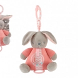 Plyšový zajíček s natahovacím hracím strojkem a chrastítkem, růžový (18 × 20 cm)
