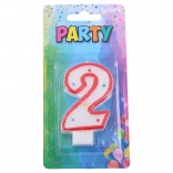 Párty svíčka číslo 2 na dort – bílá s červeným okrajem a puntíky