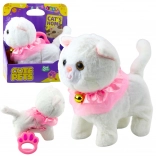 Interaktivní bílý koťátko na vodítku s růžovou volánkou a zvonečkem