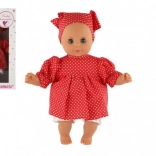 Panenka miminko 30 cm v červených puntíkovaných šatičkách se šátkem