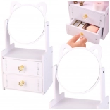 Mini toaletka s kulatým zrcadlem a kočičími oušky, 2 zásuvky, bílá dřevěná