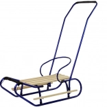 Kovové sáně s tlačnou rukojetí, opěradlem a tažným popruhem – modré