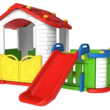 Dětský zahradní domek 3v1 Červený se skluzavkou a ohrádkou