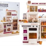 Dětská mega kuchyňka se světly, zvuky a párou – béžová, 93 ks doplňků