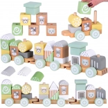 Dřevěný vláček s vagóny a stavebnicí