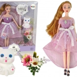 Panenka Emily s dlouhými vlasy a bílým koťátkem