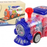 Průhledná lokomotiva s LED a setrvačníkem