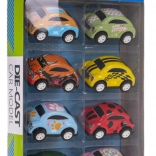 Sada 8 kovových autíček s pohonem a gumovými pneumatikami