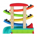 Kaskádová závodní dráha pro autíčka se 4 vozy, dřevo a plast, 33 × 32 × 10 cm