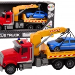 Červený odtahový vůz s jeřábem a světelnými efekty