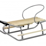 Kovové sáňky s opěrkou a tažným popruhem – stříbrné