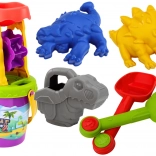 Písková sada dinosauři s mlýnkem – lopatka, hrábě, konvička a formičky