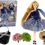 Panenka Emily s pejskem, kabelkou a květinami