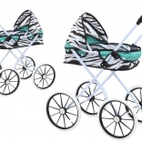 Kočárek pro panenky se skládací stříškou, velká kola, vzor zebra – tyrkysový