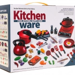 Červená sada hrnců s kuchyňkou a příslušenstvím