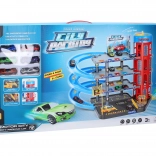 Parkovací stanice s 6 kovovými auty, výtahem a čerpací stanicí