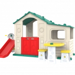 Velký dětský domeček s předsíní, skluzavkou a zelenou střechou
