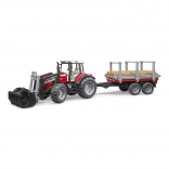 BRUDER traktor MASSEY FERGUSON 7480 s čelním nakladačem a přepravníkem na klády