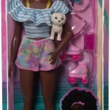 Barbie deluxe módní panenka – trendy bruslařka s doplňky a štěňátkem