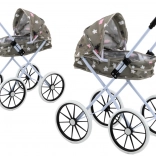Kočárek pro panenky s velkými koly a skládací střechou - šedý s hvězdičkami a mráčky