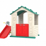 Dětský zahradní domeček se zelenou střechou a skluzavkou