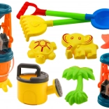 Barevná sada na písek s mlýnkem, lopatkou, hráběmi, konevkou a formičkami – 10 dílů