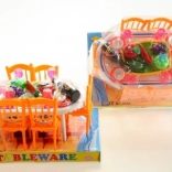 Stoleček s jídlem pro panenky se židličkami a nádobím