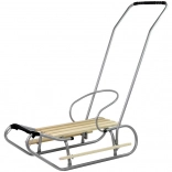 Kovové sáně s opěrkou a tlačným madlem, tažný popruh, stříbrné