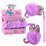 Dlouhý gelový pero s fialovým pomponem