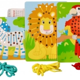Dřevěné provlékací hračky Goki - Papoušek, Lev a Zebra
