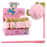 Gelové pero s růžovým pomponem, modrý inkoust, 17 cm, 0,5 mm