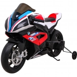 Dětská elektrická motorka BMW HP4, červená s pomocnými kolečky, pomalý rozjezd, EVA kola a MP3 LED