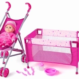 WOODY Dětská sada s kočárkem a postýlkou