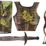 Dětský samurajský kostým se zlatým brněním, lukem a mečem