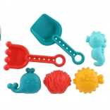 Plastová sada na písek pro děti s lopatkou, hrabičkami a formičkami v síťce