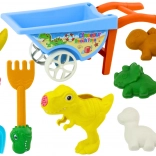 Sada na písek dinosauři: kolečko, lopatka, hrábě, konevka a 6 formiček