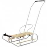 Kovové sáně s tlačnou rukojetí, opěrkou a páskem – bílé