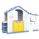 Velký dětský domeček s předsíňkou, basketbalovým košem a dřezem – modrá střecha