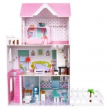 Dřevěný domeček pro panenky Růžový pro děti 3+ s vybavením a nábytkem