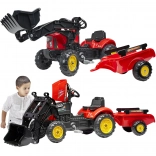 Šlapací traktor FALK Supercharger červený s přední lžící a přívěsem