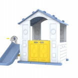 Dětský zahradní domeček s modrou střechou, skluzavkou a košíkovou sestavou