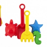 Plastová sada na písek s lopatkou, hrabičkami a formičkami v síťce